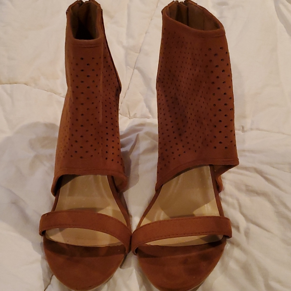 Open toed faux suede boots